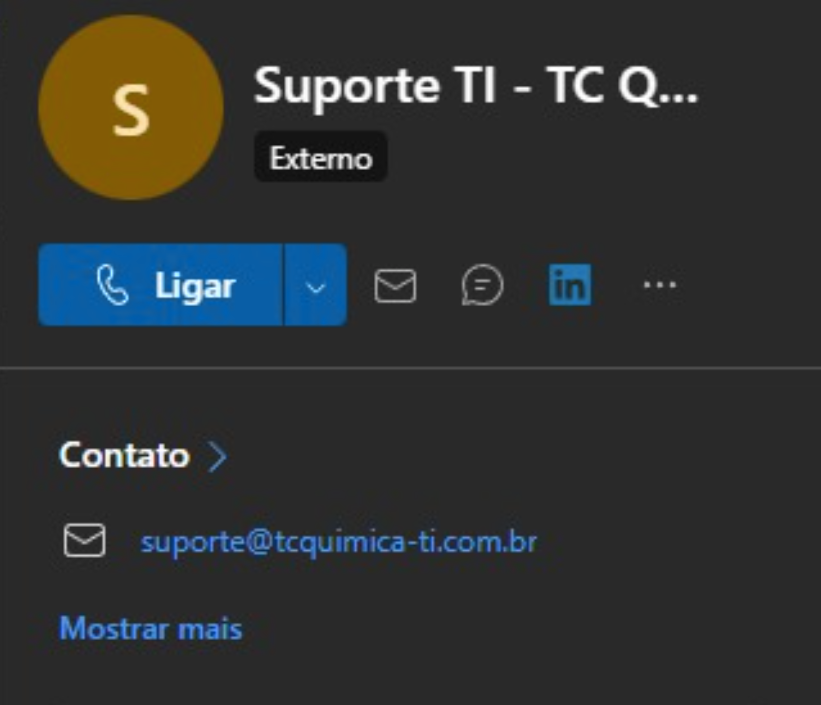 Card do remetente no Outlook mostrando a etiqueta Externo